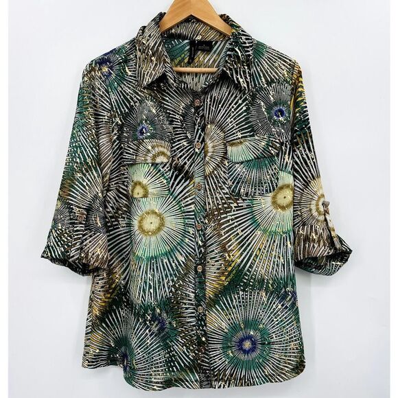 New Directions Sunburst Fireworks Blouse Womens Size Large Green Gold Yellow - Picture 1 of 11